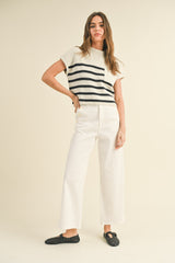 White Charcoal Half Mock Neck Striped Knit Top