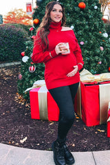 Red Cold Shoulder Turtle Neck Maternity Sweater