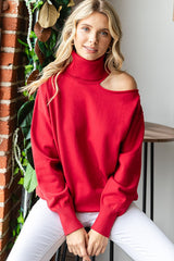 Red Cold Shoulder Turtle Neck Maternity Sweater