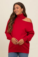 Red Cold Shoulder Turtle Neck Maternity Sweater