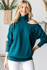 Dark Teal Cold Shoulder Turtle Neck Maternity Sweater