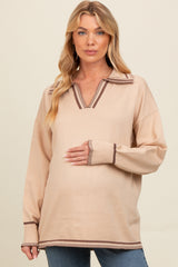 Beige Contrast Trim Collared Maternity Sweater