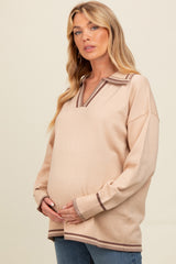 Beige Contrast Trim Collared Maternity Sweater