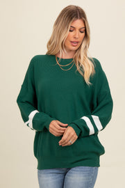 Forest Green Striped Sleeve Relaxed Fit Sweater