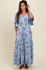 Light Blue Floral Deep V-Neck Maternity Maxi Dress