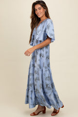 Light Blue Floral Deep V-Neck Maxi Dress