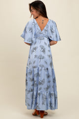 Light Blue Floral Deep V-Neck Maxi Dress