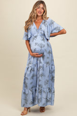 Light Blue Floral Deep V-Neck Maternity Maxi Dress