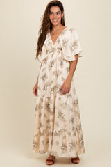 Cream Floral Deep V-Neck Maxi Dress