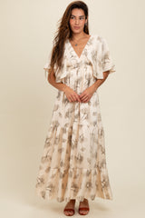 Cream Floral Deep V-Neck Maxi Dress