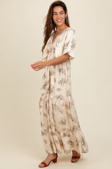 Cream Floral Deep V-Neck Maxi Dress