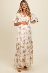 Cream Floral Deep V-Neck Maternity Maxi Dress