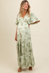 Light Olive Floral Deep V-Neck Maternity Maxi Dress