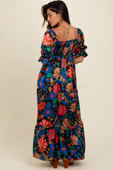 Black Floral Satin Smocked Tiered Maxi Dress