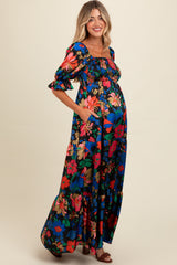 Black Floral Satin Smocked Tiered Maternity Maxi Dress