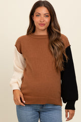 Brown Colorblock Sleeve Maternity Sweater