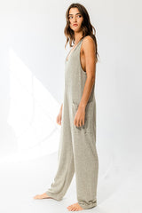 Olive Oversize Tank Textured Knit Jumpsuit With Pockets