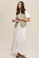 Sage Fitted Linen Vest With Pockets