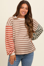 Brown Striped Colorblock Bubble Sleeve Maternity Top