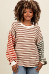 Brown Striped Colorblock Bubble Sleeve Maternity Top