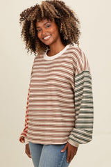 Brown Striped Colorblock Bubble Sleeve Top