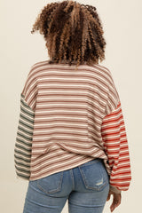 Brown Striped Colorblock Bubble Sleeve Top