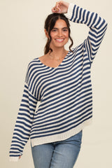 Navy Striped Relaxed Fit V-Neck Maternity Sweater