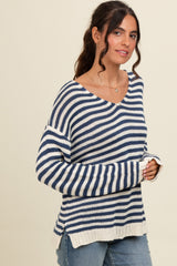 Navy Striped Relaxed Fit V-Neck Sweater