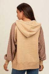 Beige Cable Knit Sleeve Maternity Half Zip Maternity Hoodie