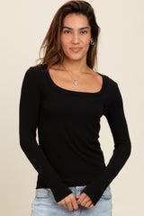 Black Ribbed Square Neck Long Sleeve Maternity Top