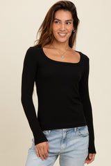 Black Ribbed Square Neck Long Sleeve Top