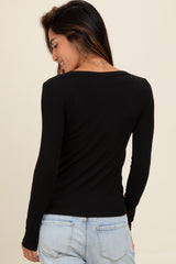 Black Ribbed Square Neck Long Sleeve Top