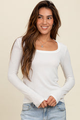 Ivory Ribbed Square Neck Long Sleeve Top