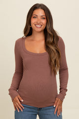 Brown Ribbed Square Neck Long Sleeve Maternity Top