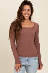 Brown Ribbed Square Neck Long Sleeve Top