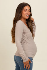 Beige Ribbed Square Neck Long Sleeve Maternity Top