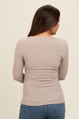 Beige Ribbed Square Neck Long Sleeve Maternity Top