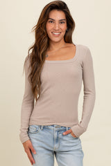 Beige Ribbed Square Neck Long Sleeve Maternity Top