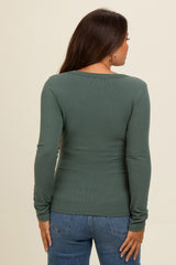 Green Ribbed Square Neck Long Sleeve Maternity Top