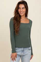 Green Ribbed Square Neck Long Sleeve Top