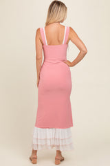 Pink Shoulder Tie Layered Hem Maxi Dress