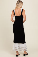 Black Shoulder Tie Layered Hem Maxi Dress