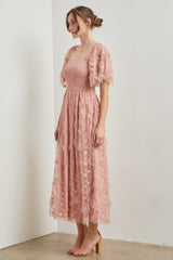 Pink Floral Embroidered Ruffle Tulle Midi Dress