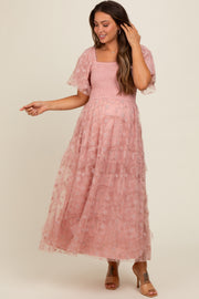 Pink Floral Embroidered Ruffle Tulle Maternity Midi Dress