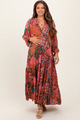 Fuchsia Floral Patchwork Front Tie Maternity Maxi Dress