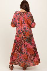 Fuchsia Floral Patchwork Front Tie Maxi Dress