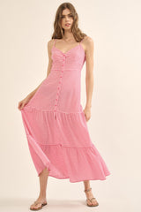 Bubble Gum Plaid Sweetheart Neck Button Front Maxi Dress