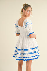 Off White Blue Trim Babydoll Mini Dress