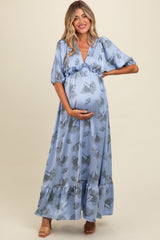 Blue Floral Chiffon Ruffle Accent Maternity Maxi Dress