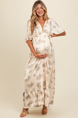 Cream Floral Chiffon Ruffle Accent Maternity Maxi Dress